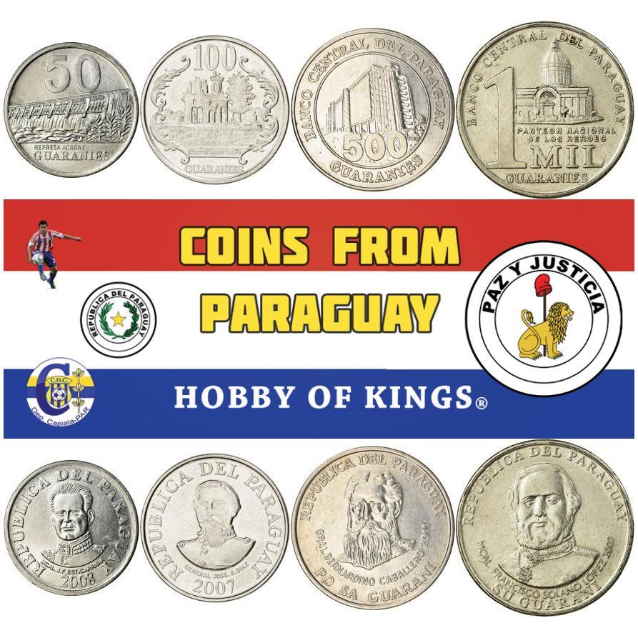 Conjunto de 4 Moedas Paraguaias Moeda Sul-Americana 50 100 500 1000 Guaranis 2006 - 2018