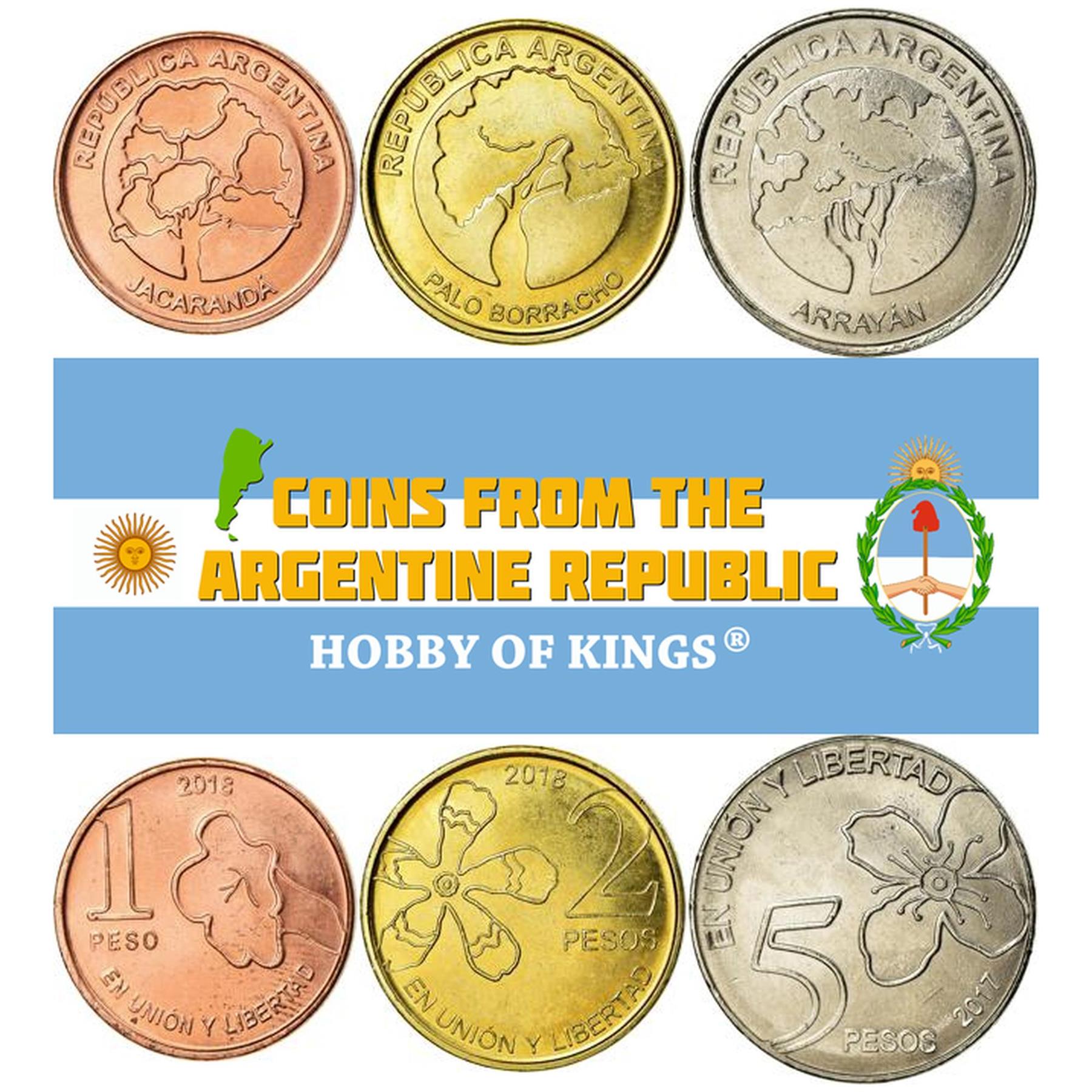 Argentine 3 Coin Set 1 5 10 Pesos | Jacaranda | Jacaranda | Caldenia | Arrayán | 2017 - 2020