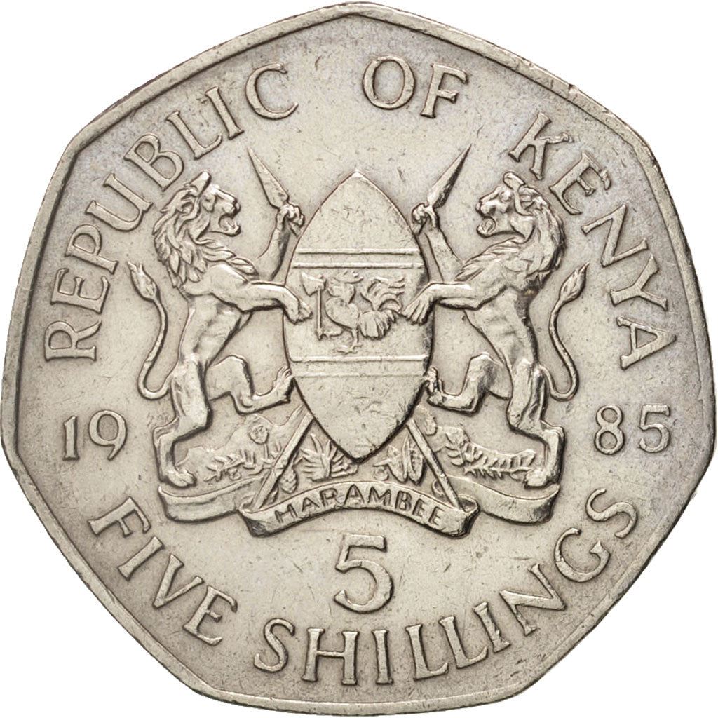 Quénia 5 xelins | Escudo | Machado | Leão | Pássaro | Moeda de Lança | KM23 | 1985