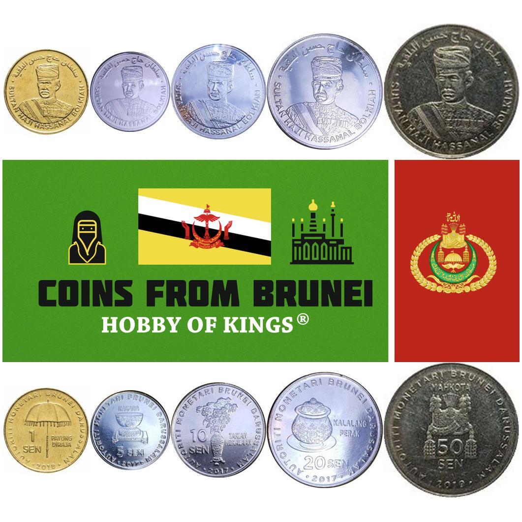 Brunei | Set van 5 Munten | 1 5 10 20 50 Sen | Koninklijke Paraplu | Sultan Haji Hassanal Bolkiah | Traditionele Trom | Vaas | Rozen | Zilveren Pot | Koninklijke Kroon | Mahkota | 2017 - 2021