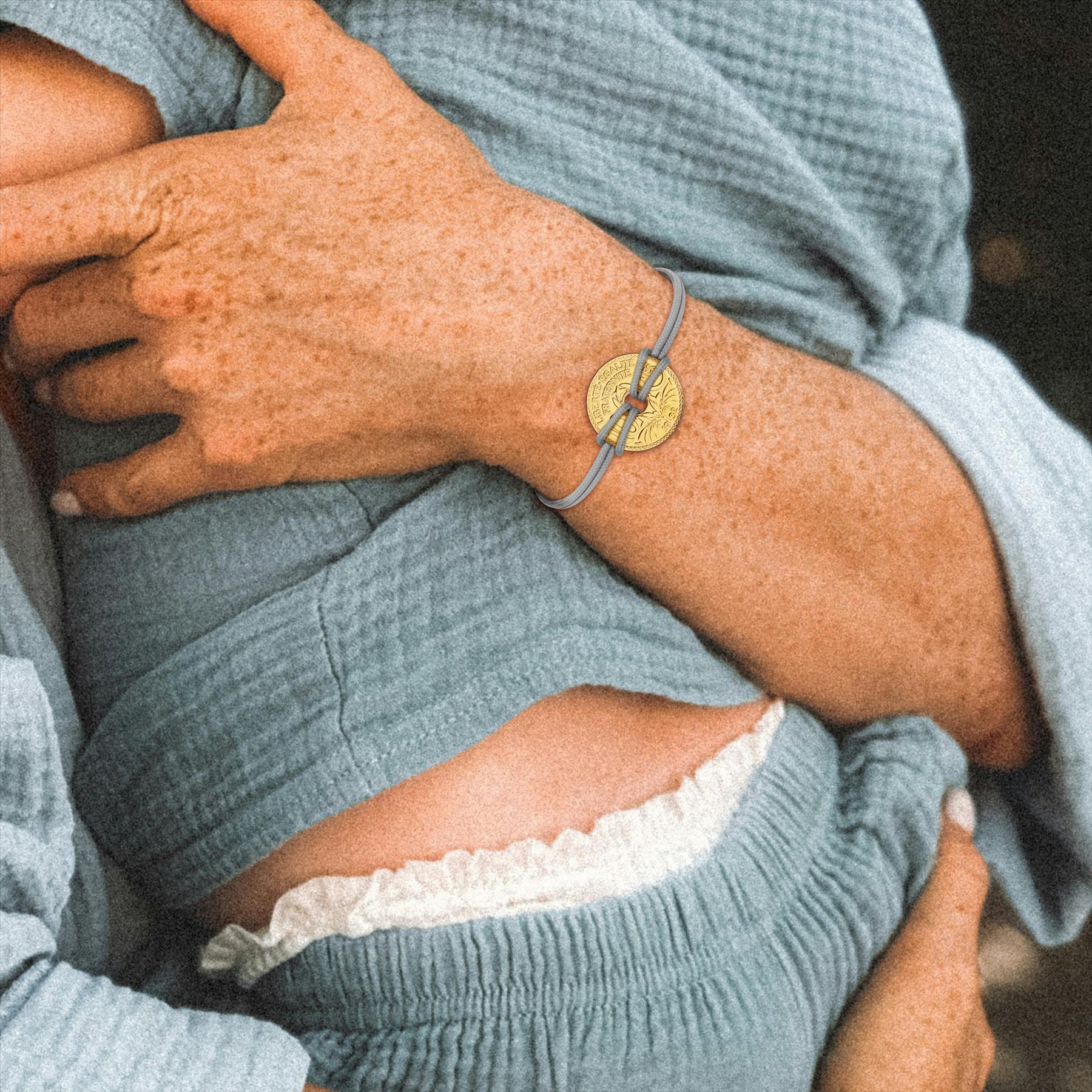 Good Luck Coin Bracelet | Gray String Thread Wristband | France Coin 10 Centimes | 18k Gold Plated Fortune Wealth & Protection