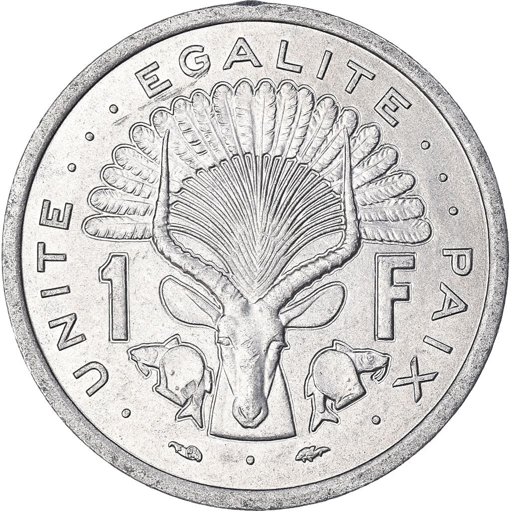 Djibouti | 1 Franc Coin | Knife | Spear | Shield | Waterbuck | Km:20 | 1977 - 1999
