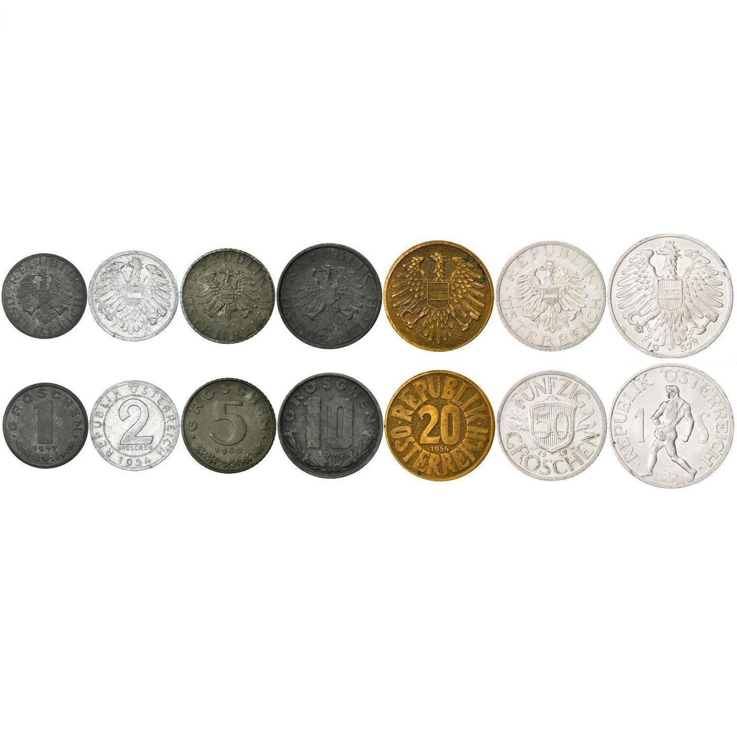 Austria | 7 Coin Set | 1 2 5 10 20 50 Groschen 1 Schilling | Austrian Escutcheon | Sower | 1946 - 1957