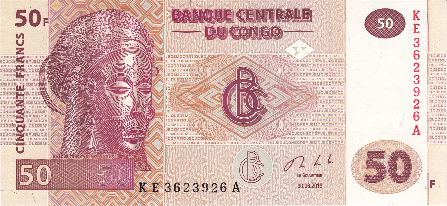 Democratic Republic of The Congo | 50 Francs Banknote | 2007 - 2022 | Tshokwe Female Mask | Mwana Pwo | Fishermen Village | Fish