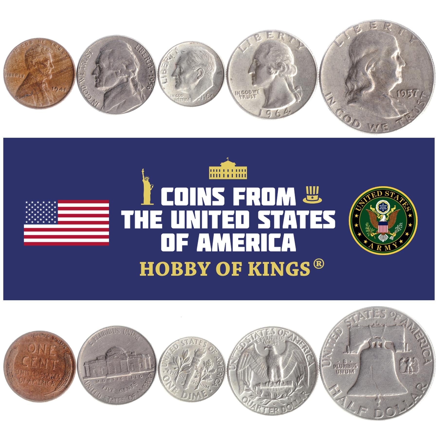 American 5 Coin Set 1 5 Cents 1 Dime ¼ ½ Dollar | Benjamin Franklin |