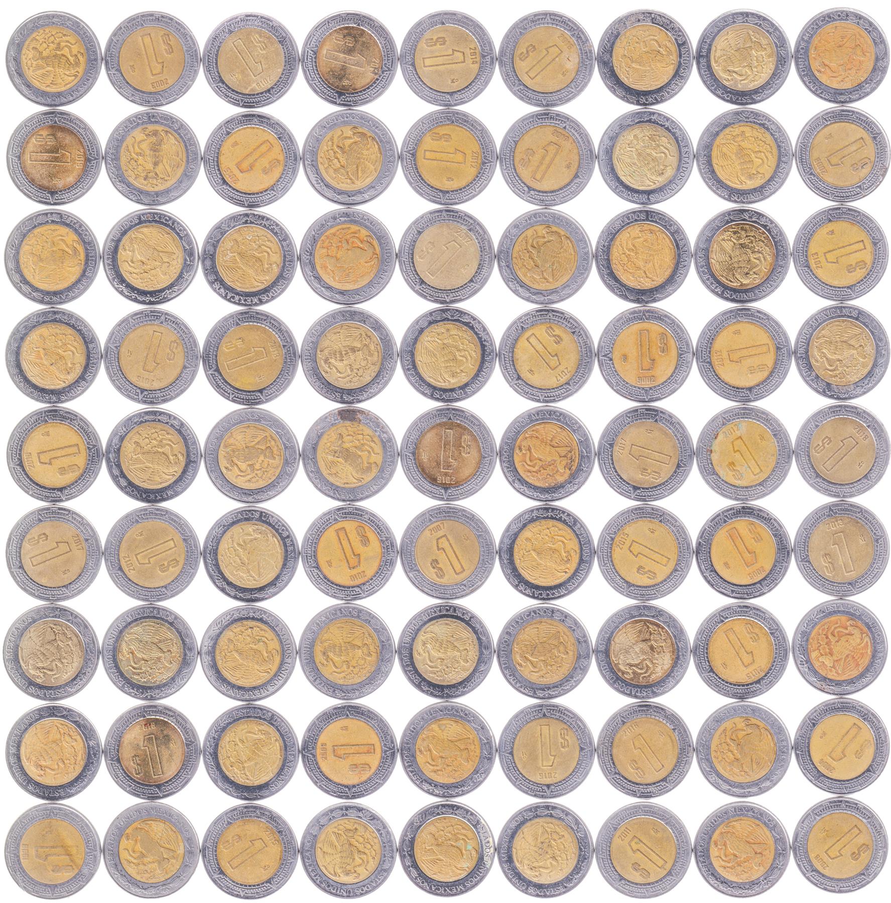 Mexico 1 Peso | 100 Coins | Aztec calendar | Golden Eagle | KM603 | 1996 - 2021