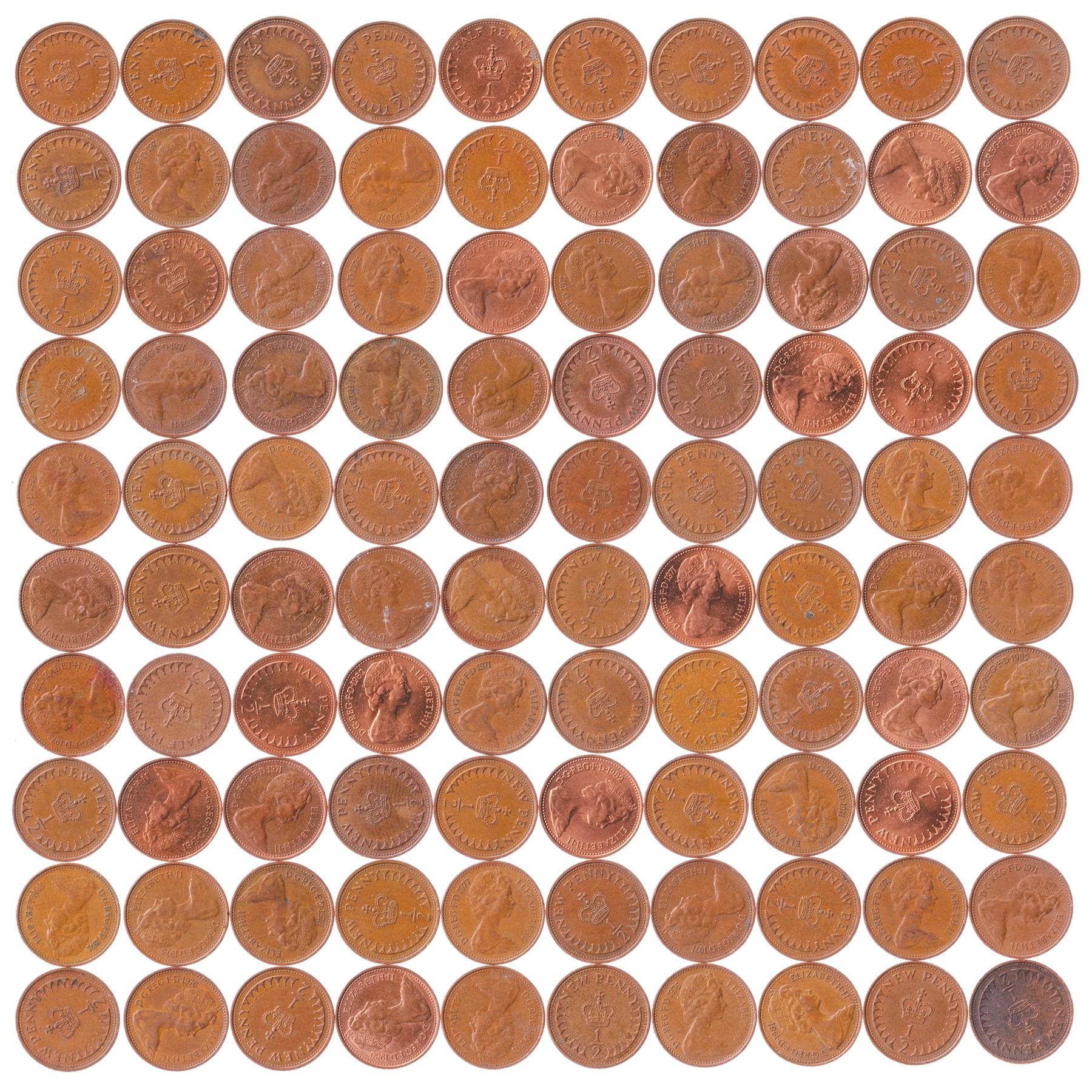 United Kingdom 1/2 New Penny | 100 Coins | Young Elizabeth II | 1971 - 1981