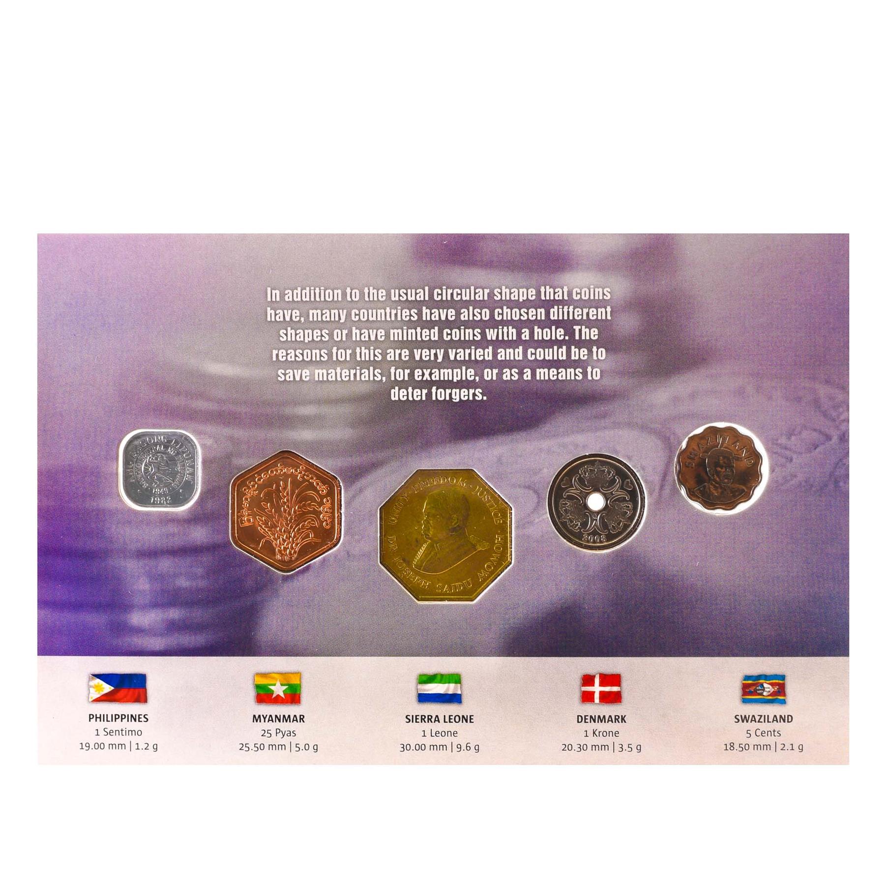 Unusual Shapes | 5 Coin Set | Blistercard | Square | Hexagonal | Octagonal | Holed | Scalloped